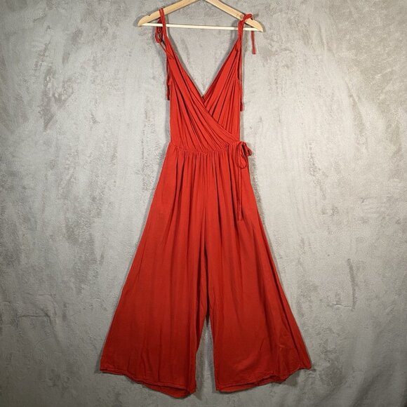 Red Wide Leg Palazzo Jumpsuit M Cotton V Neck Lightweight Summer Travel Resort - Picture 8 of 15